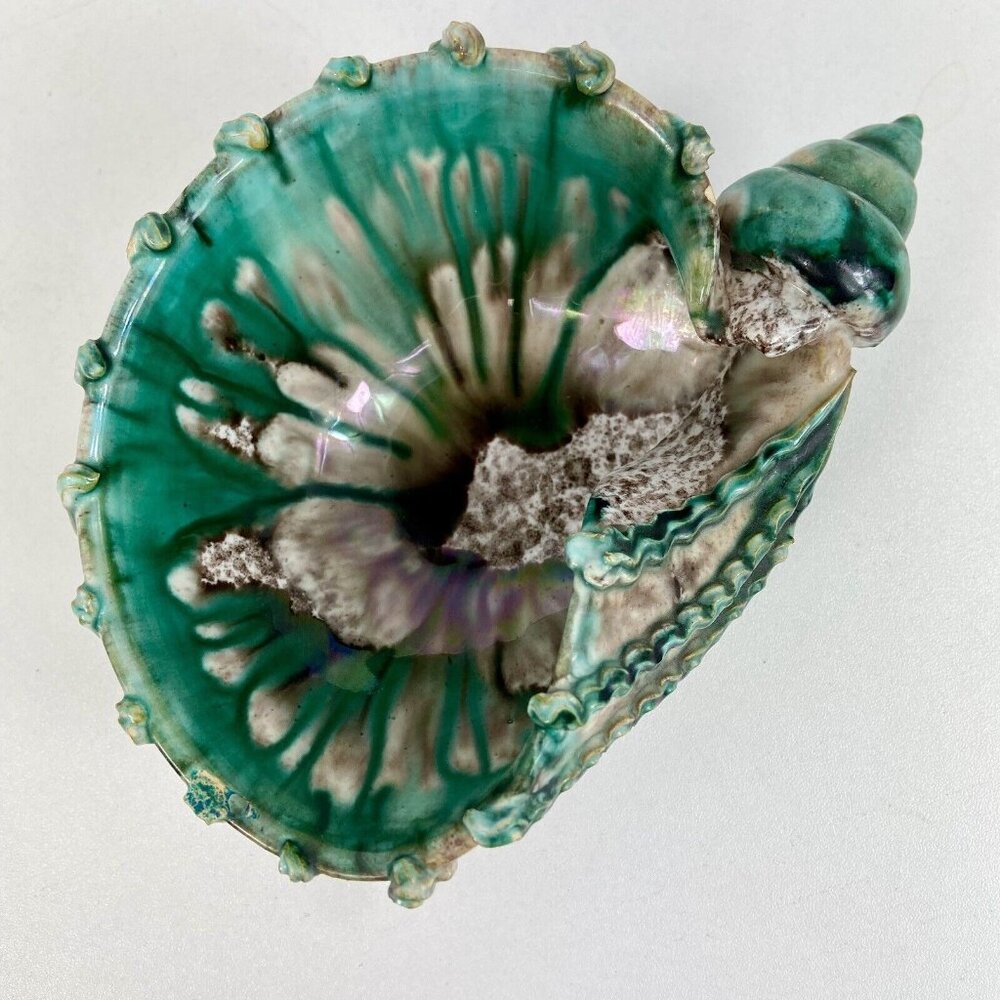 Vtg Italy Trinket Dish Catch All Seashell Jade Green Painted Speckled MCM Signed - Picture 4 of 11